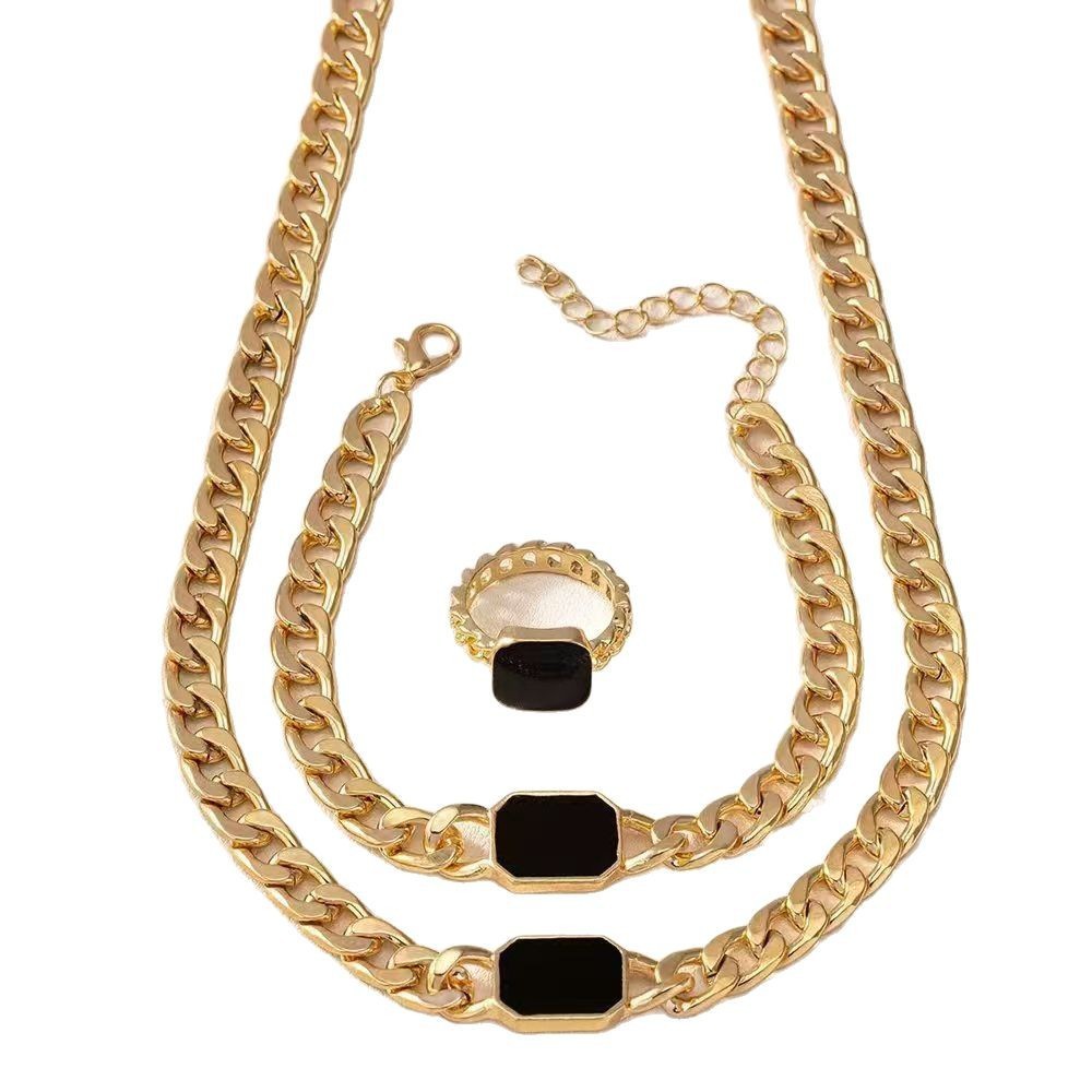 Geometric Square Chain Necklace Bracelet Ring Jewelry Set