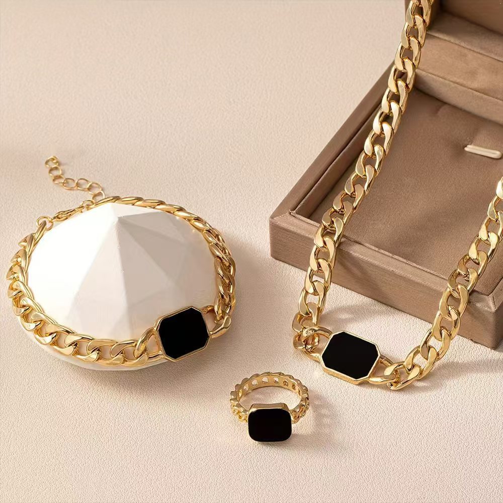 Geometric Square Chain Necklace Bracelet Ring Jewelry Set