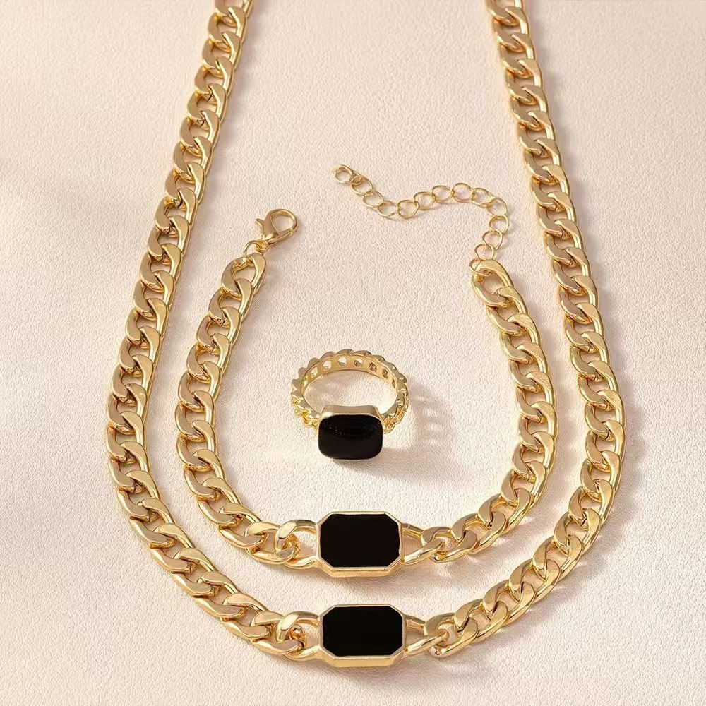 Geometric Square Chain Necklace Bracelet Ring Jewelry Set