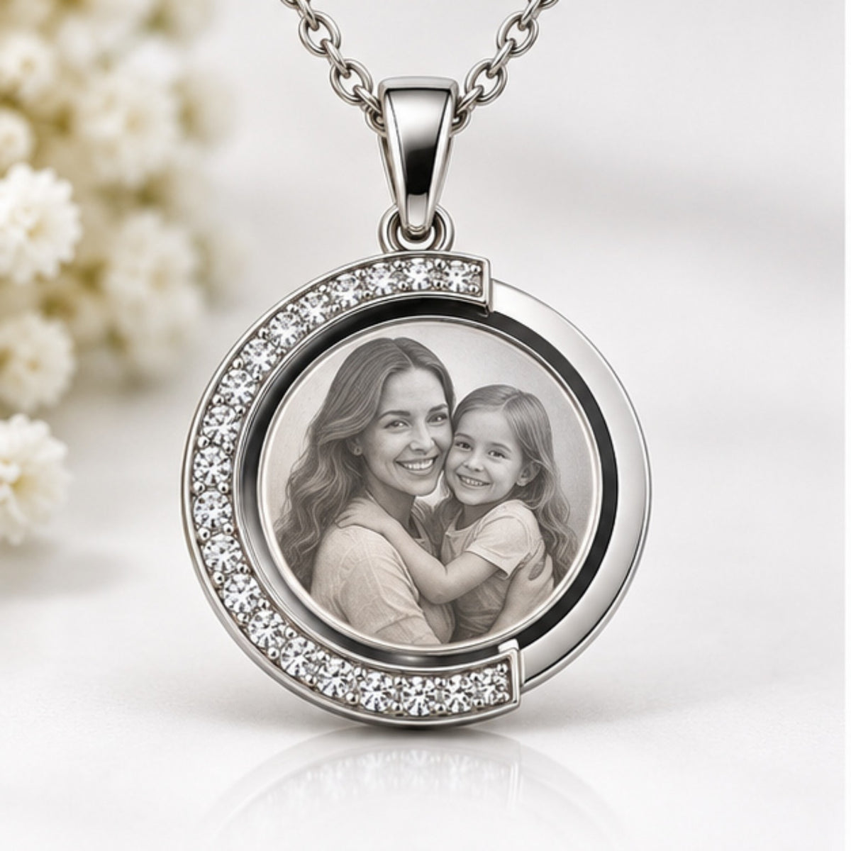 Personalized Crystal-Style Crescent Photo & Text Engraving Pendant