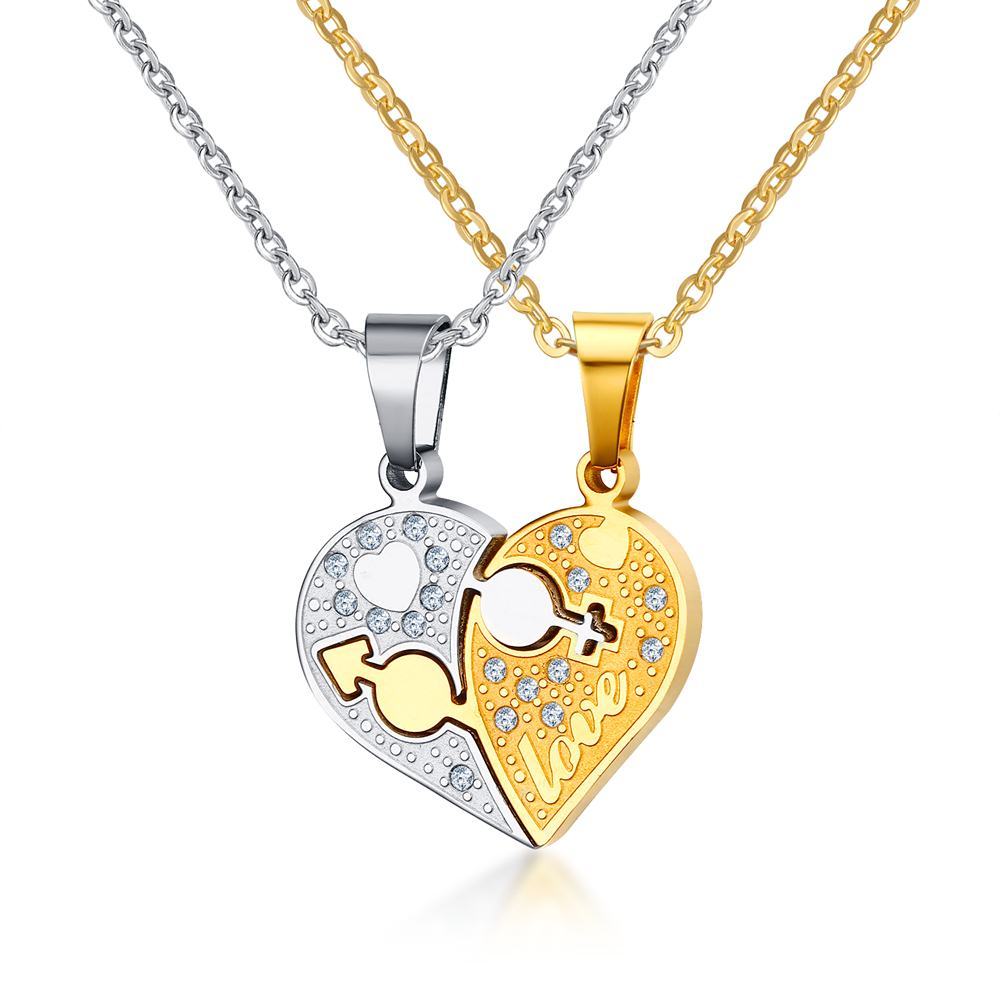 Titanium Steel Rhinestone Heart-shaped Couple Pendant Necklace