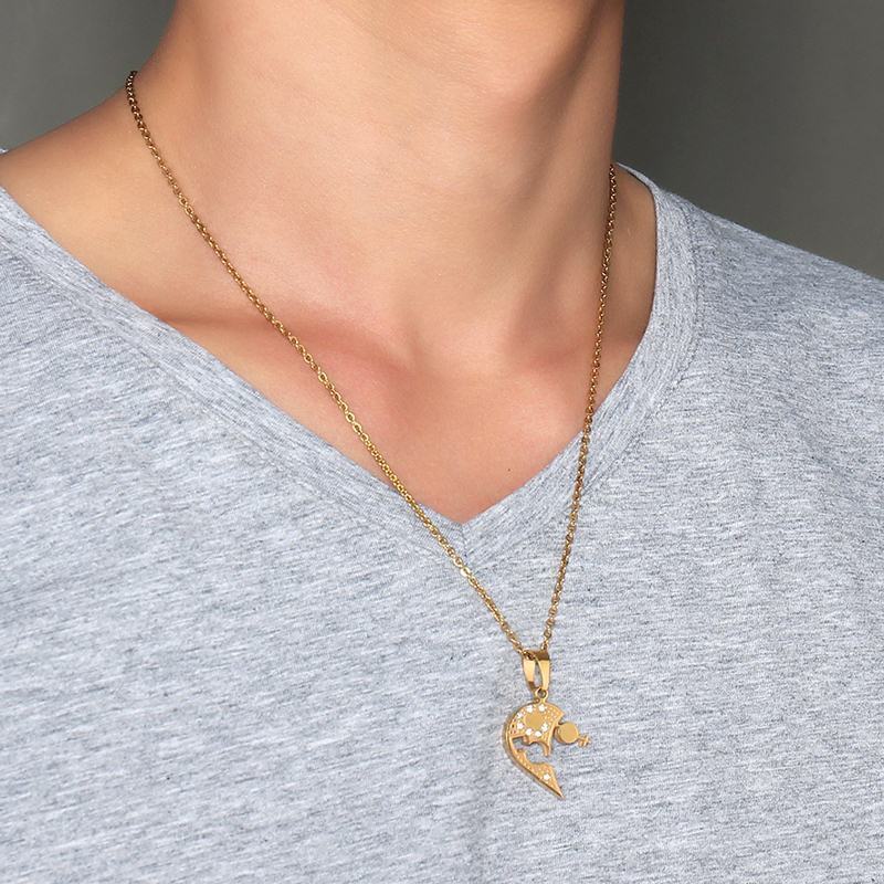 Titanium Steel Rhinestone Heart-shaped Couple Pendant Necklace