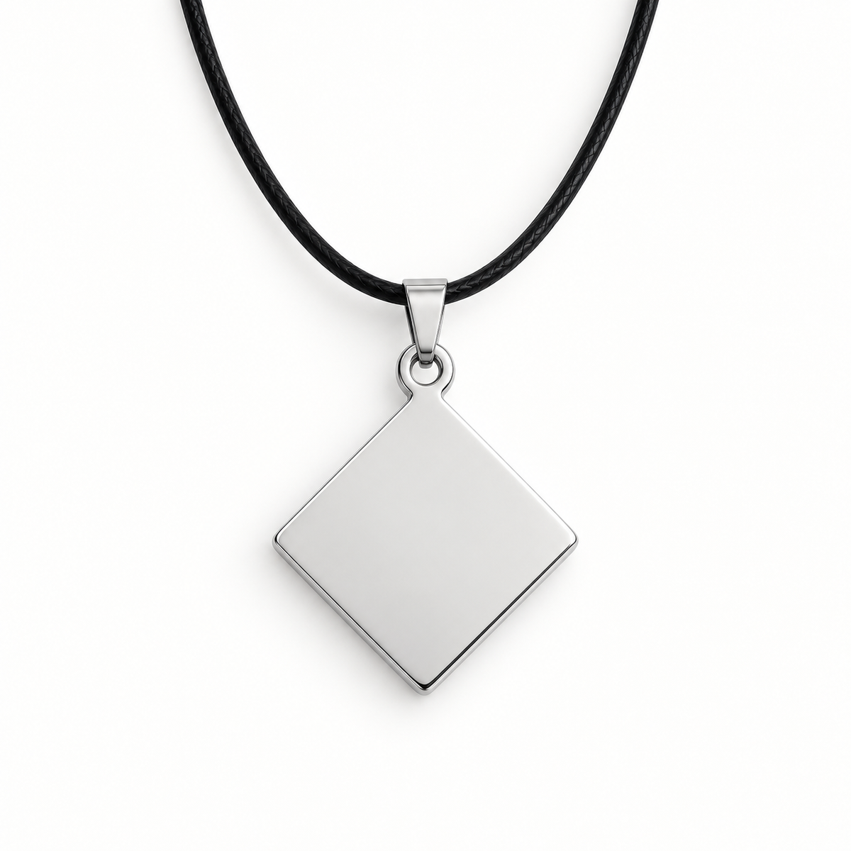 GR-010 Silver Diamond Pendant – Black Leather Cord