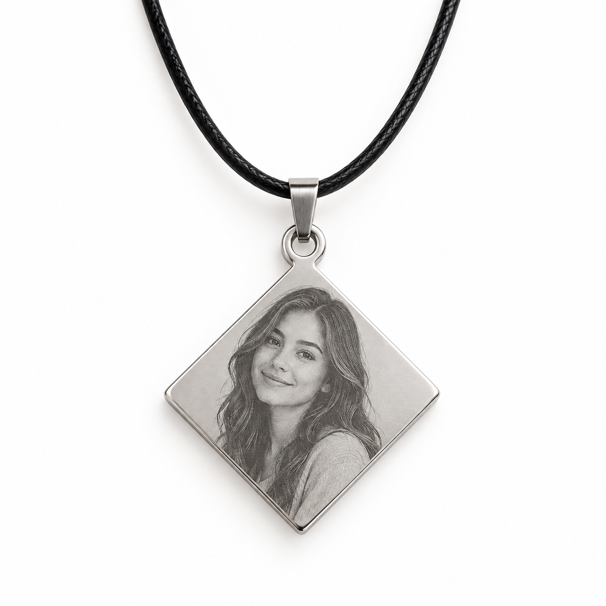 Personalized Diamond-Shaped Photo & Text Engraving Pendant