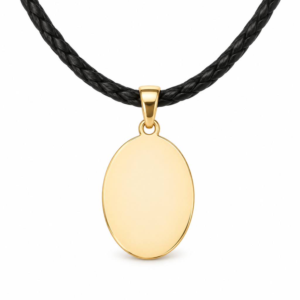 GR-016 Gold Oval Pendant – Black Leather Cord