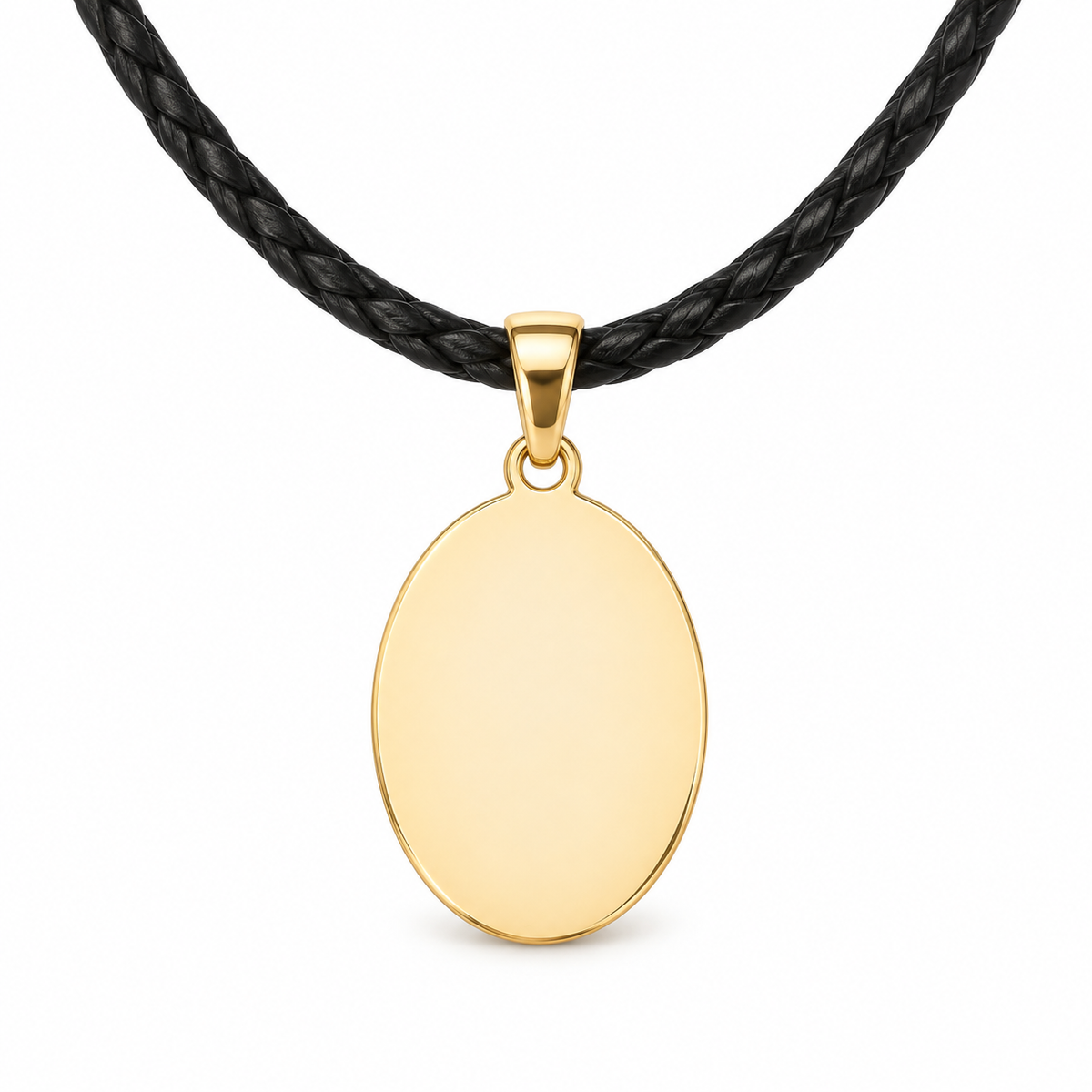GR-016 Gold Oval Pendant – Black Leather Cord