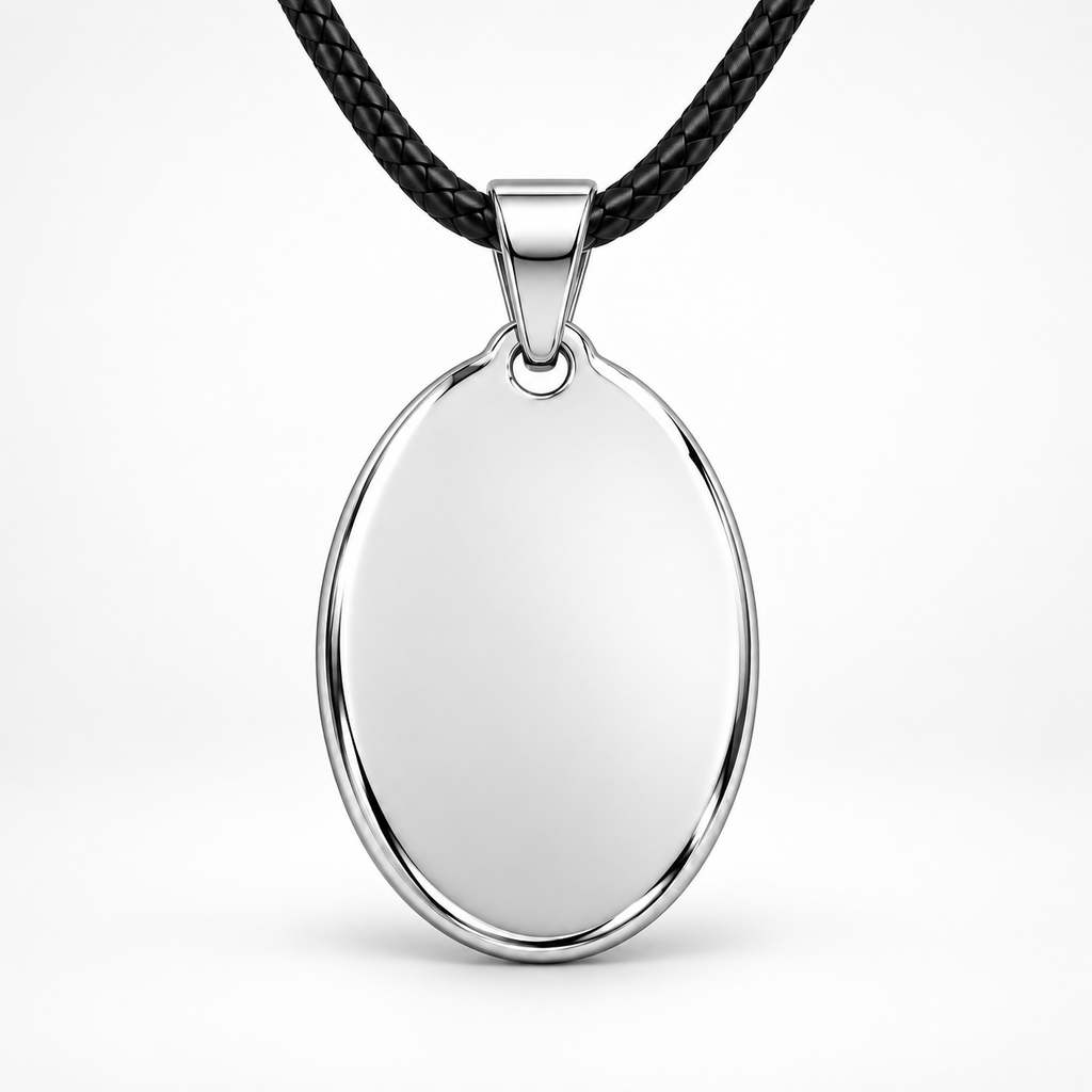 GR-017 Silver Oval Pendant – Black Leather Cord