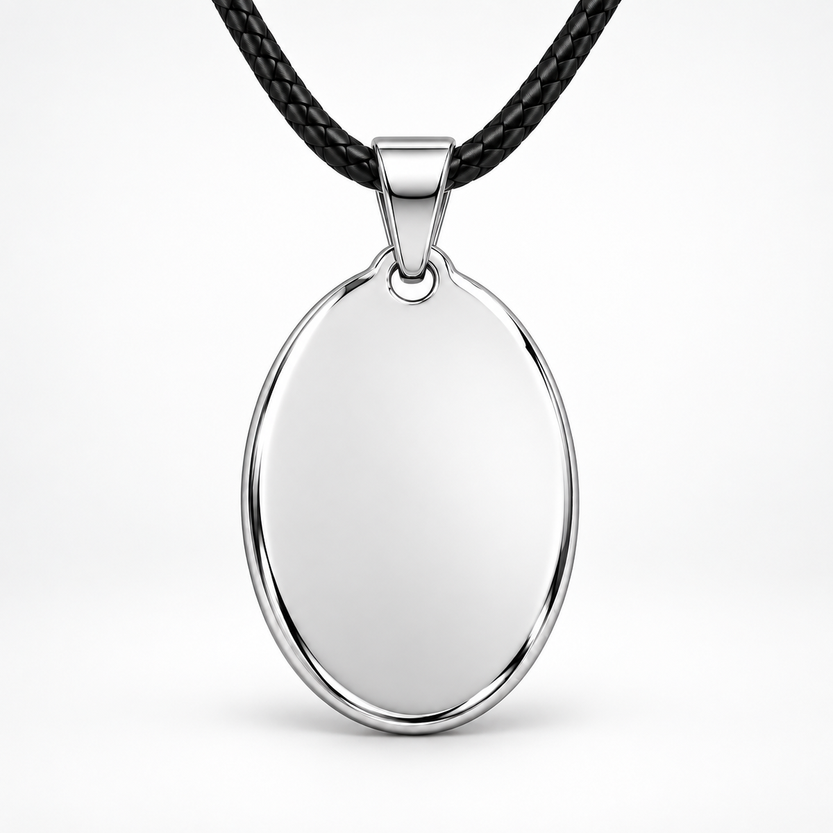 GR-017 Silver Oval Pendant – Black Leather Cord