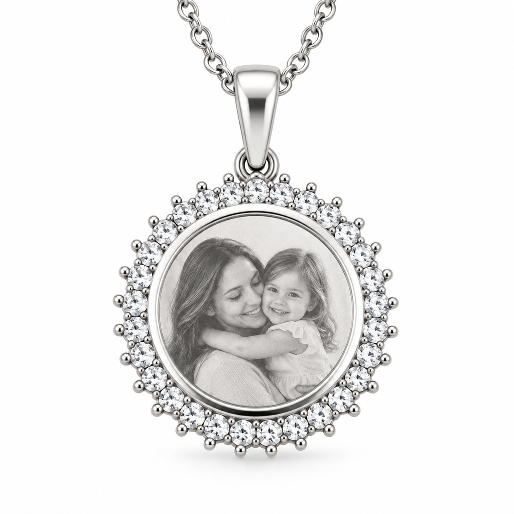 Personalized Crystal-Style Round Photo & Text Engraving Pendant