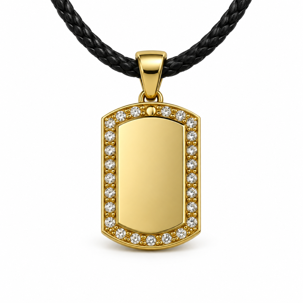 TEMP-SMALL-GOLD-003 Small Gold Crystal Tag Pendant – Black Leather Cord