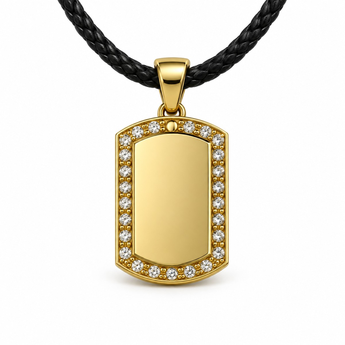 TEMP-SMALL-GOLD-003 Small Gold Crystal Tag Pendant – Black Leather Cord