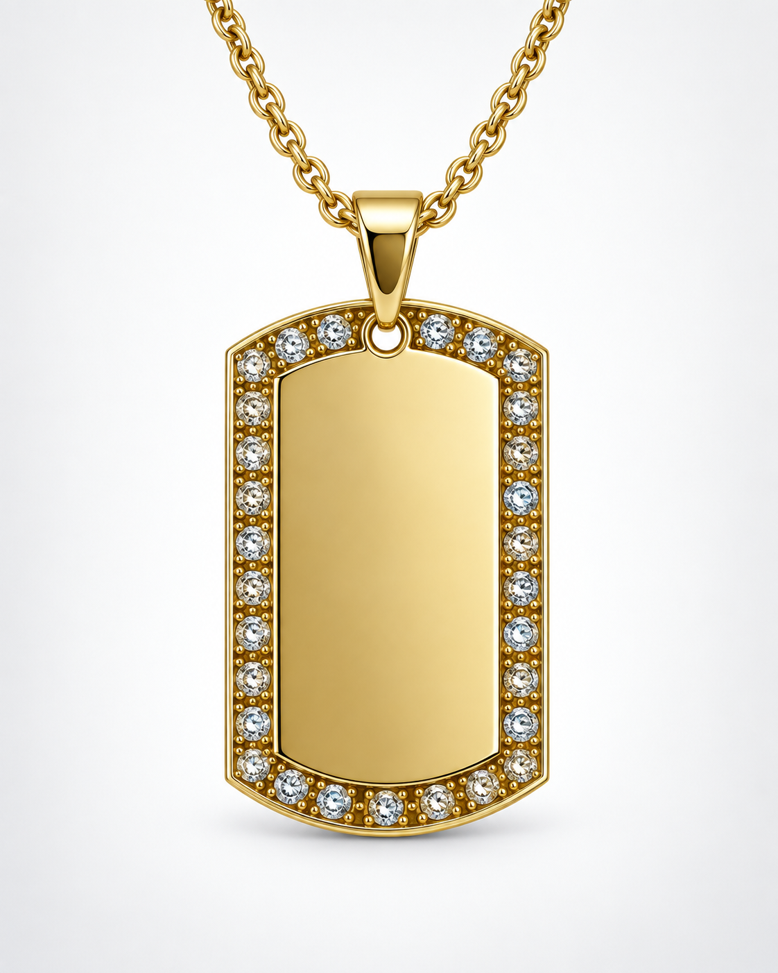 GR-003 Large Gold Crystal Tag Pendant – Gold Stainless Steel Chain