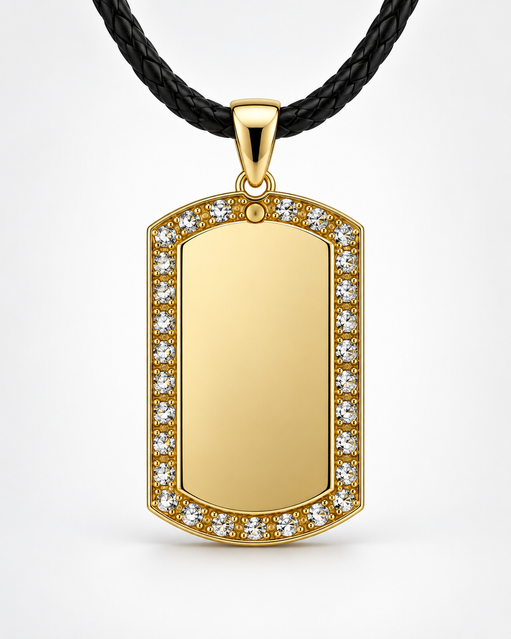 GR-003 Large Gold Crystal Tag Pendant – Black Leather Cord