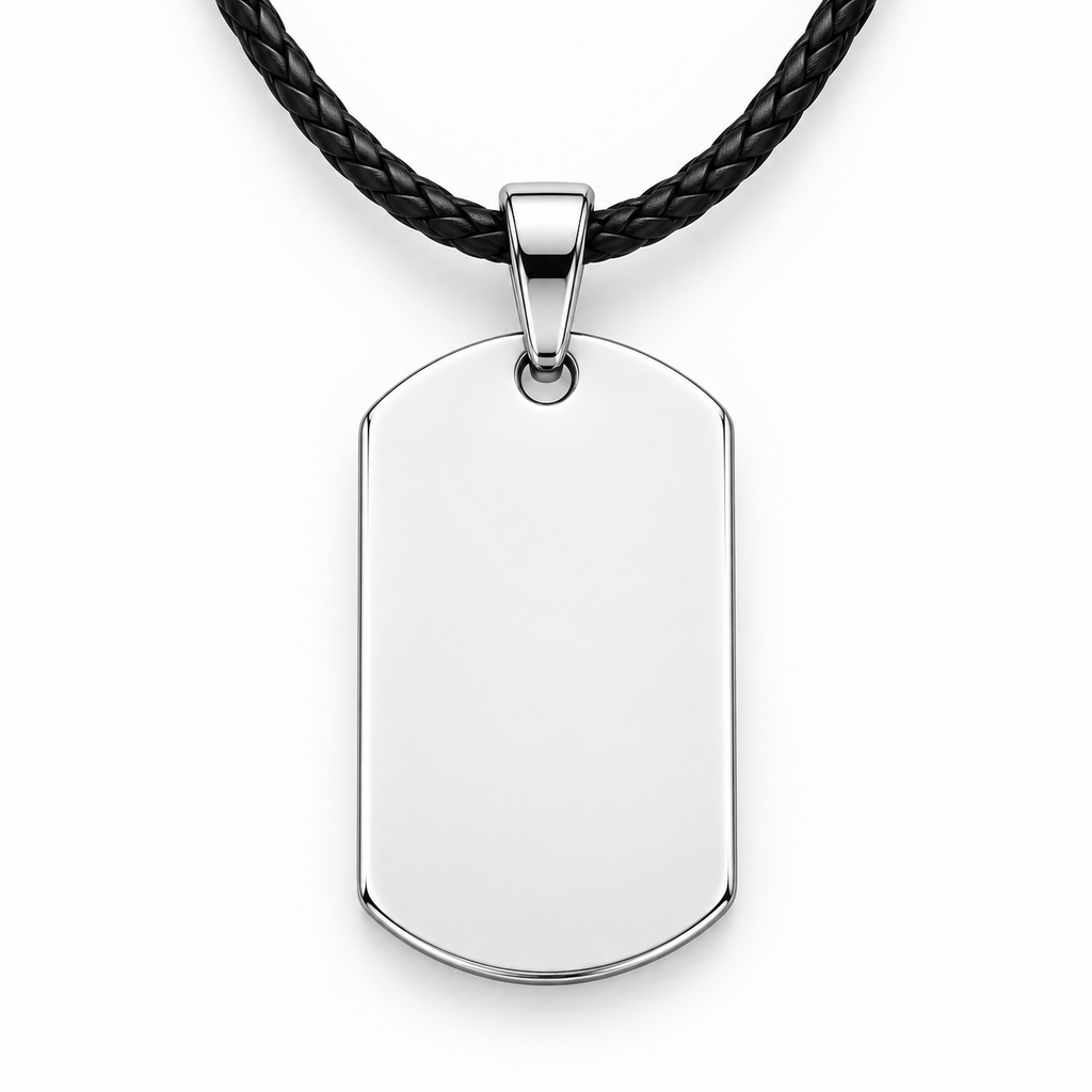 Rounded tag pendant with leather cord