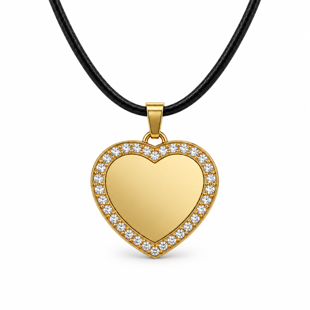 GR-004 Gold Crystal Heart Pendant – Black Leather Cord