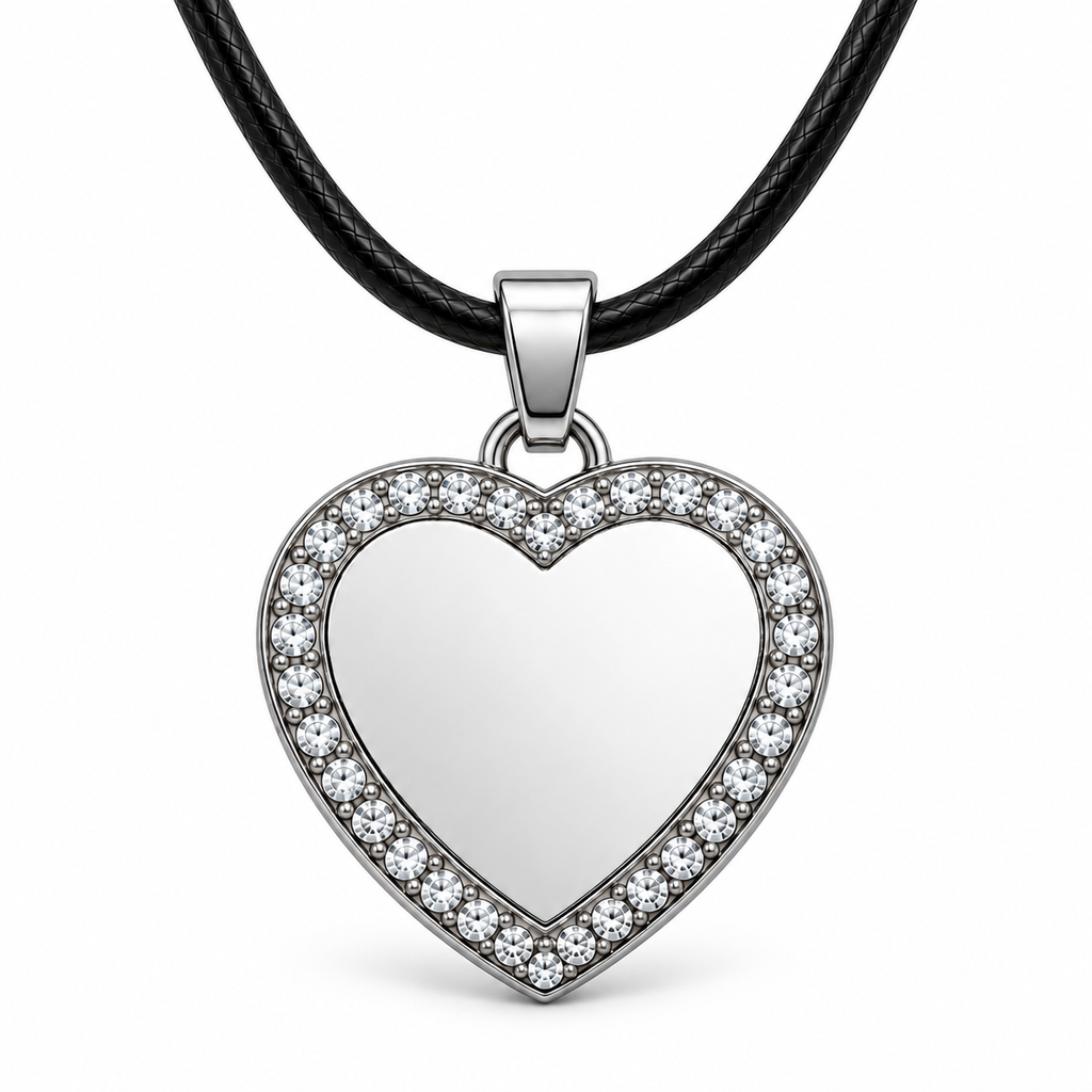GR-005 Silver Crystal Heart Pendant – Black Leather Cord