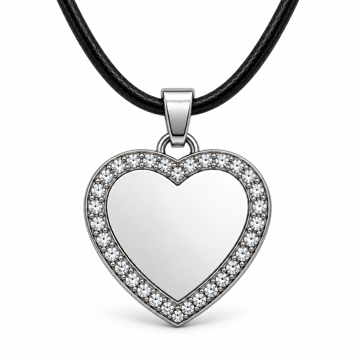 GR-005 Silver Crystal Heart Pendant – Black Leather Cord