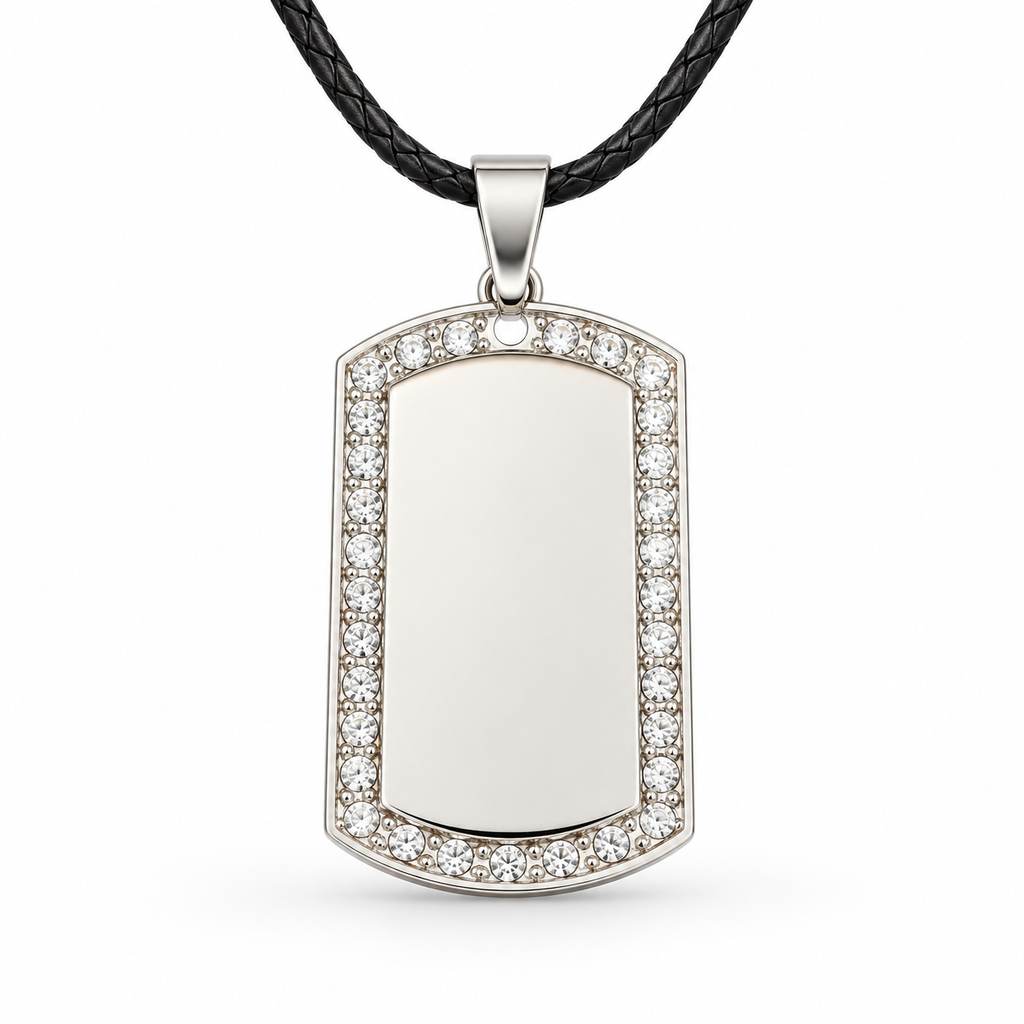 GR-002 Large Silver Crystal Tag Pendant – Black Leather Cord