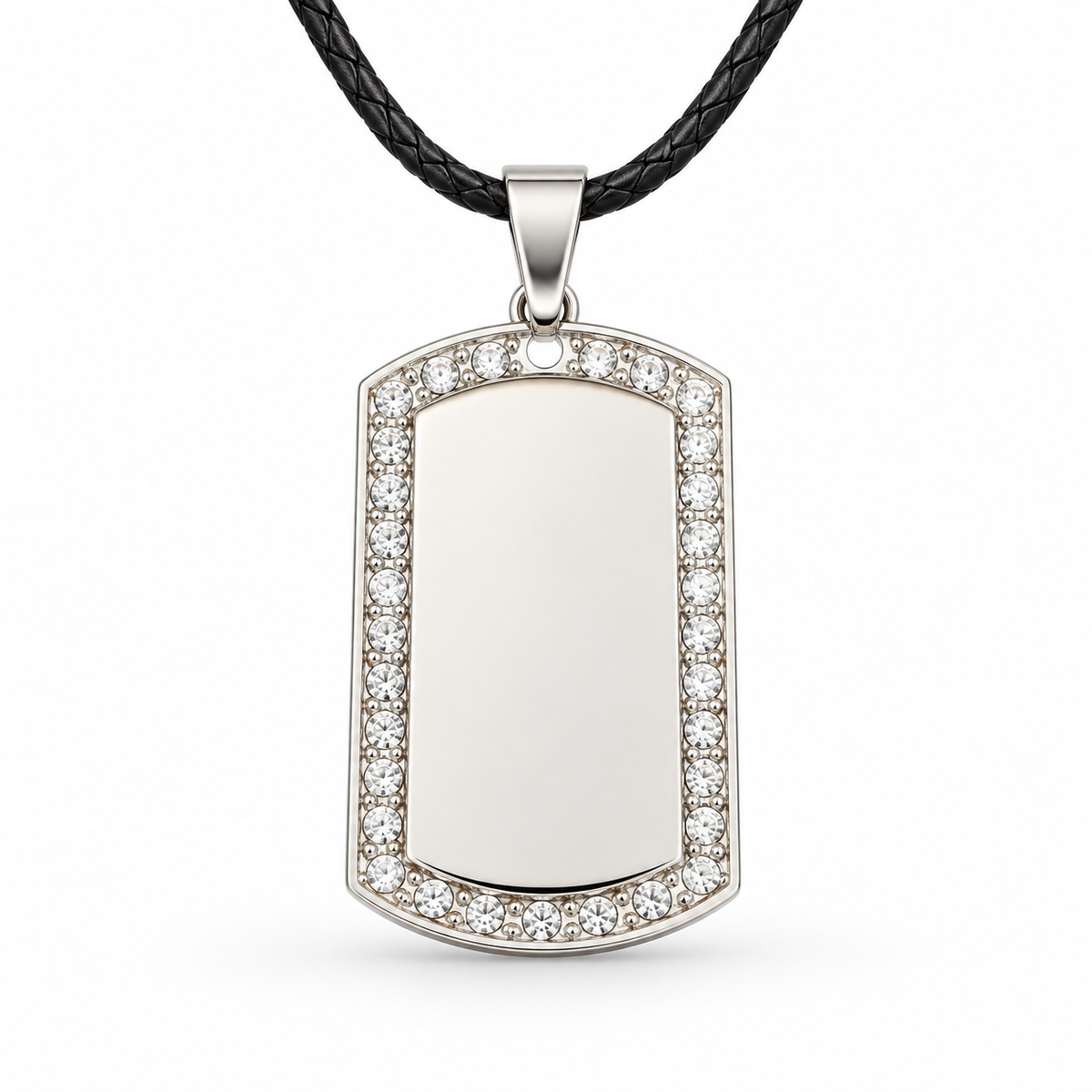 GR-002 Large Silver Crystal Tag Pendant – Black Leather Cord