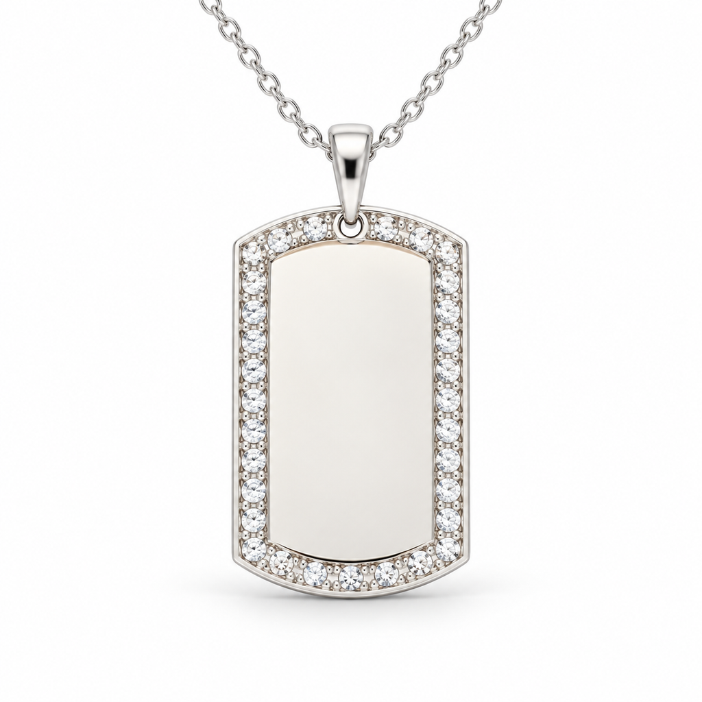 GR-002 Large Silver Crystal Tag Pendant – Silver Stainless Steel Chain