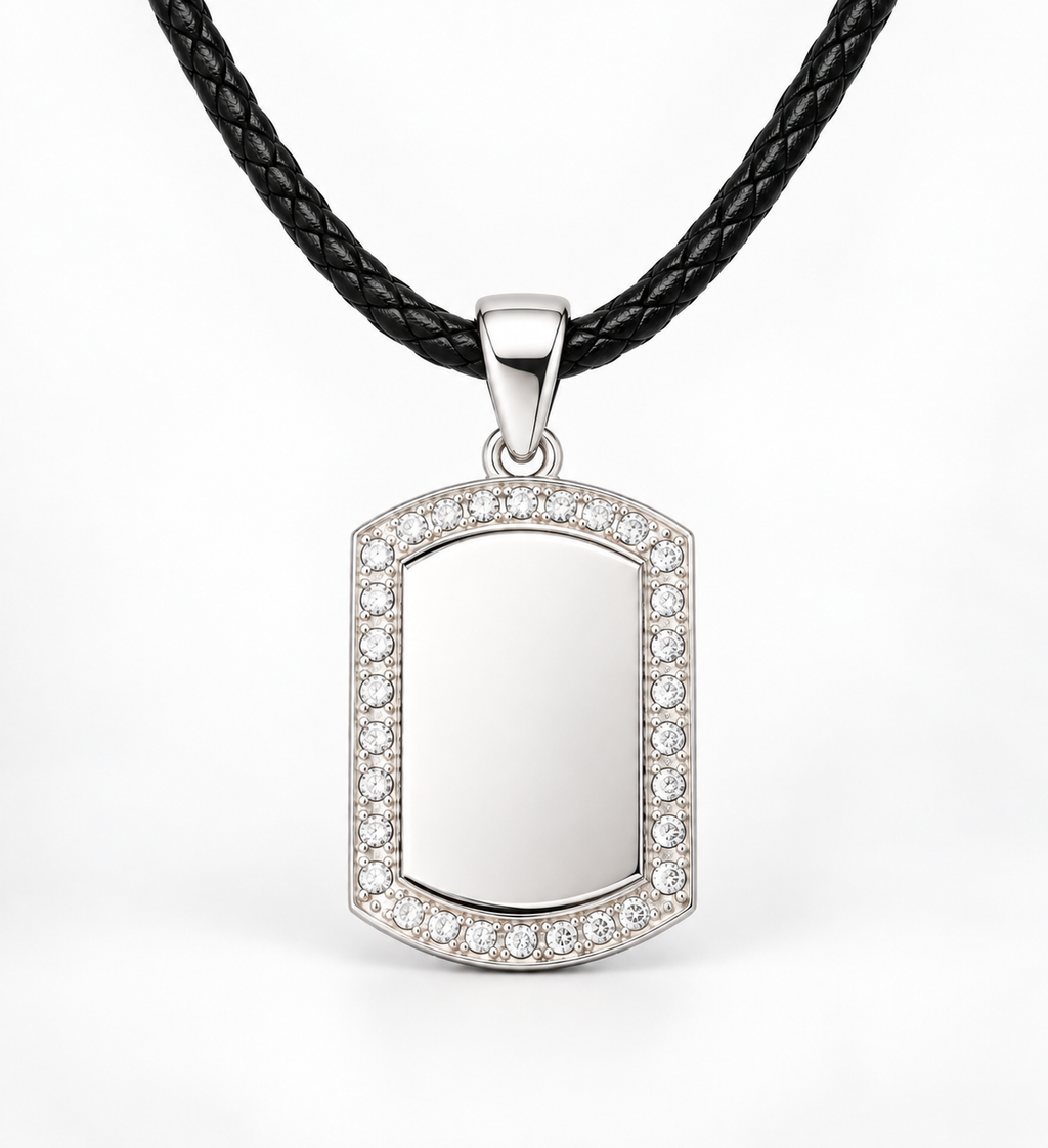 GR-001 Small Silver Crystal Tag Pendant – Black Leather Cord