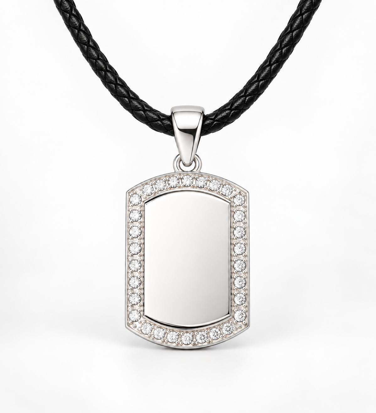 GR-001 Small Silver Crystal Tag Pendant – Black Leather Cord