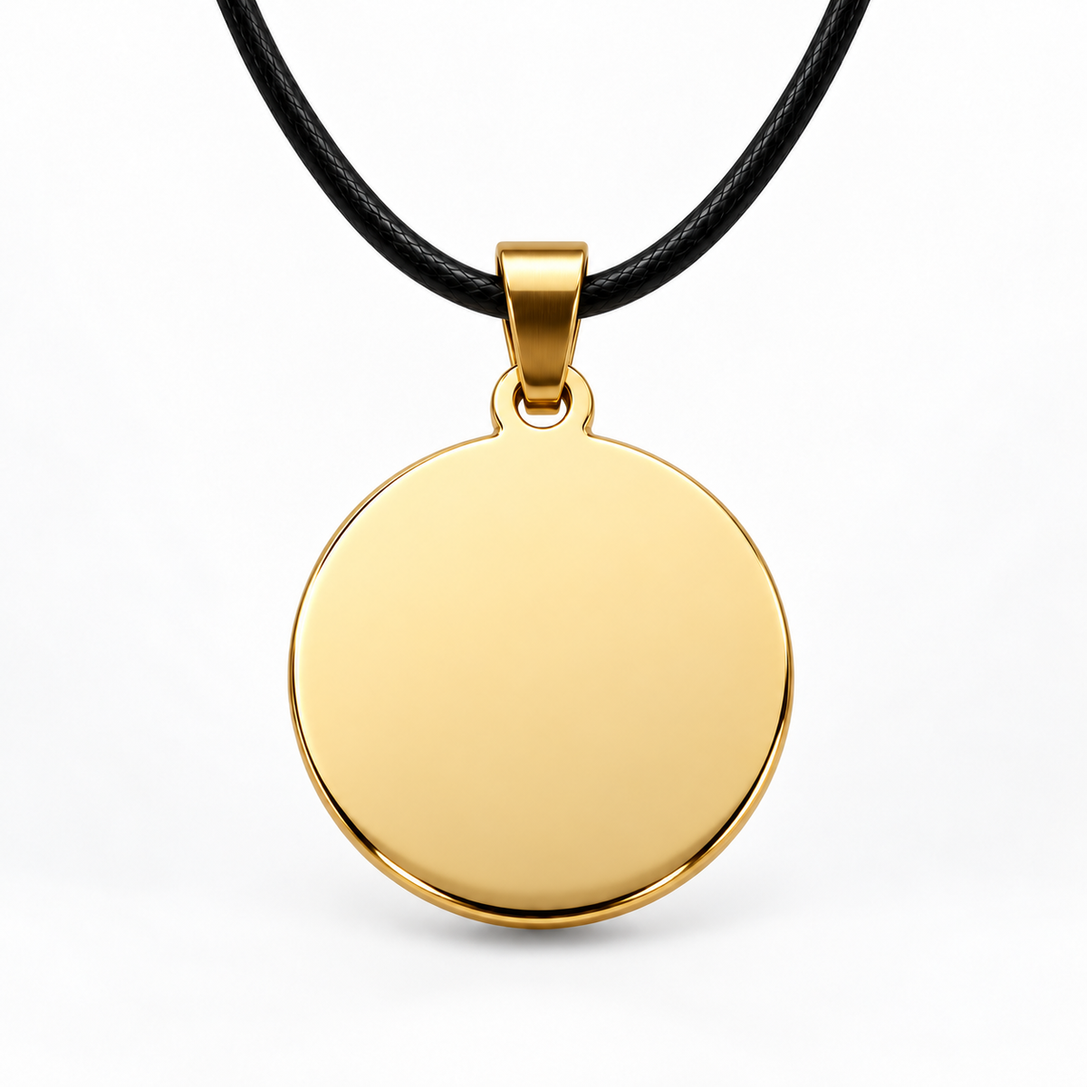 Gold Round Disc Pendant – Black Leather Cord