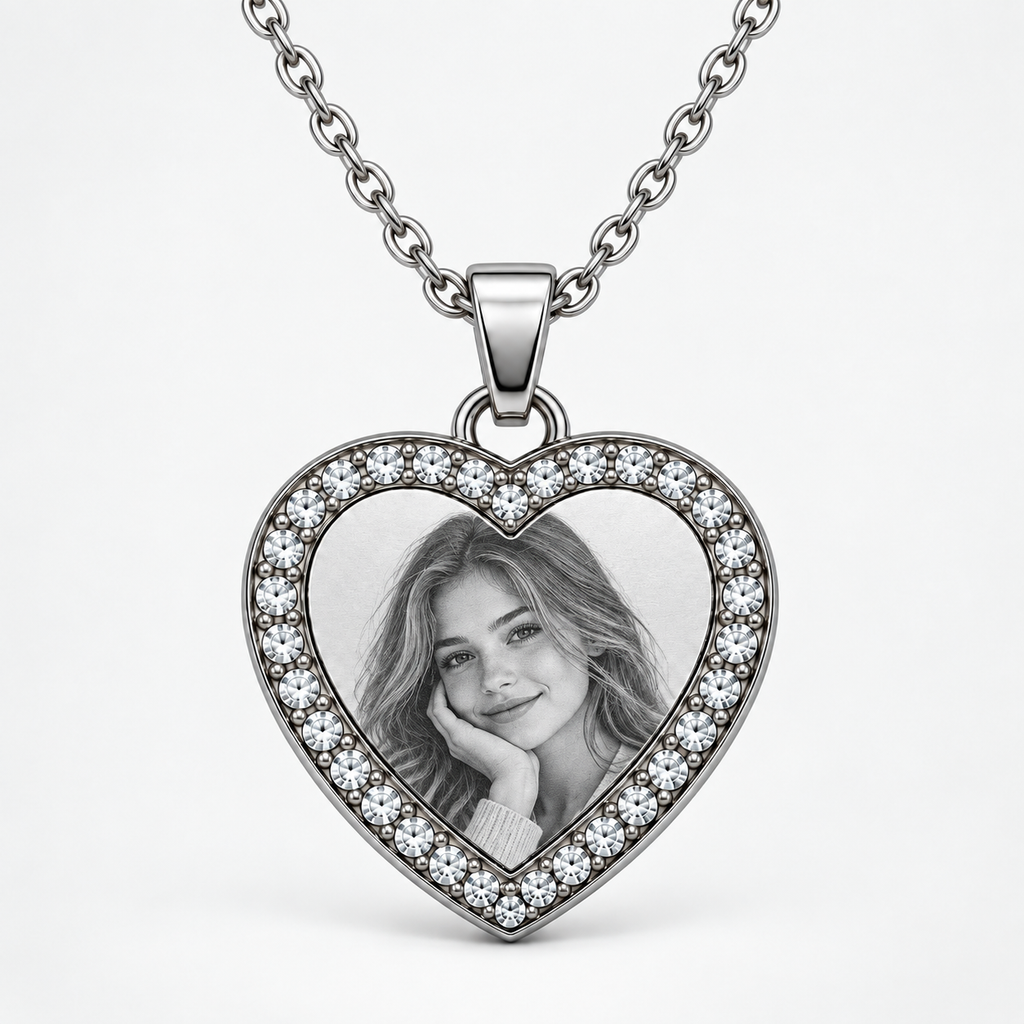 Personalized Crystal-Style Heart Photo & Text Engraving Pendant