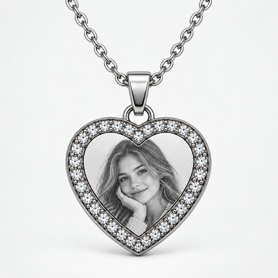 Personalized Crystal-Style Heart Photo & Text Engraving Pendant