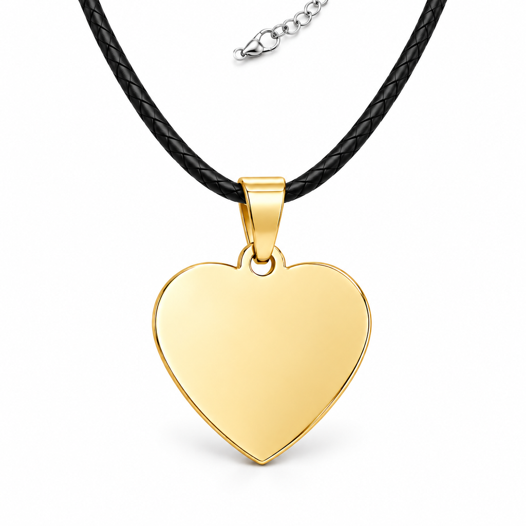 Gold + Leather Cord: Personalized gold heart pendant with black leather cord