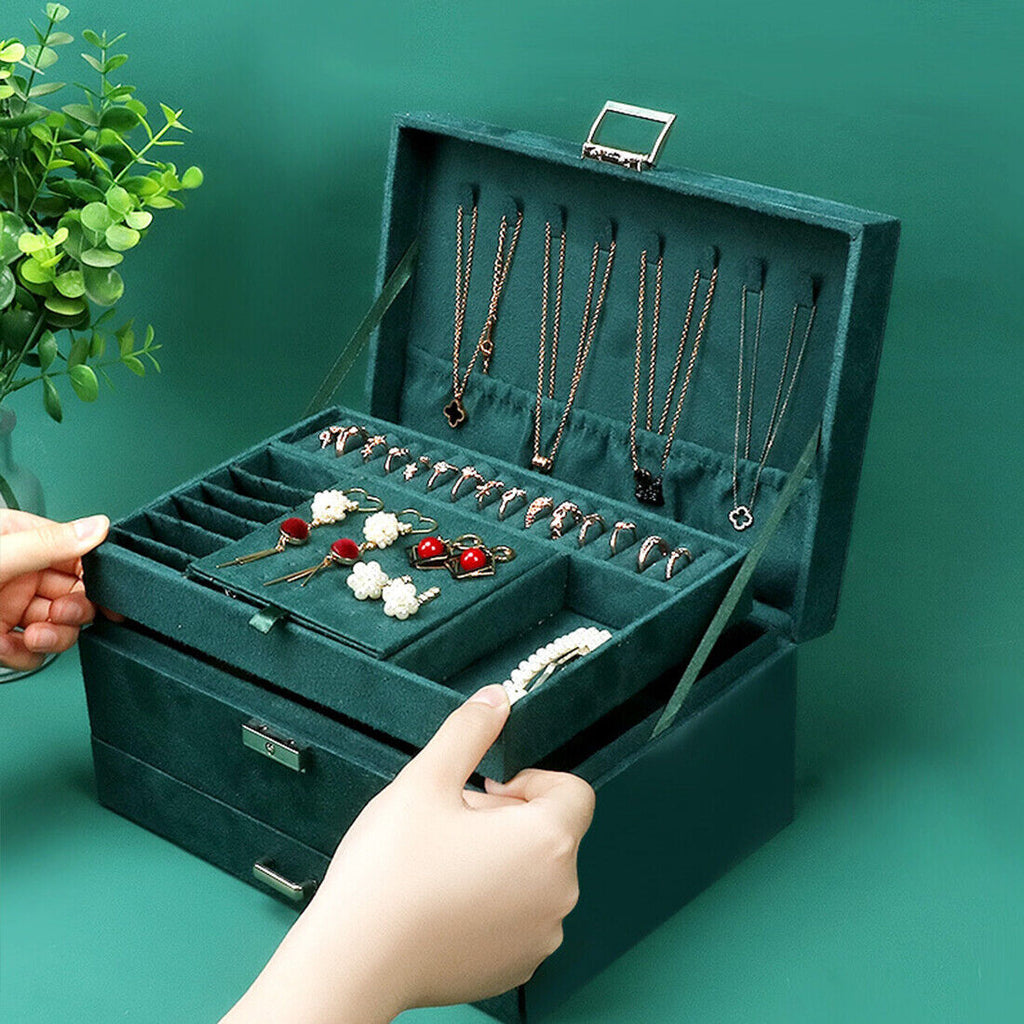 3 Layer Grey Jewellery Box Organizer Rings Necklaces Jewellry Storage Case Box