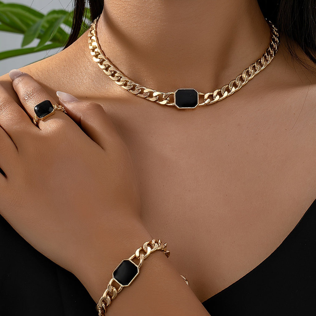 Geometric Square Chain Necklace Bracelet Ring Jewelry Set