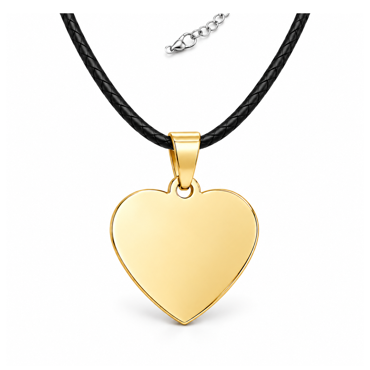 Gold + Leather Cord: standardized personalized gold heart pendant with black leather cord