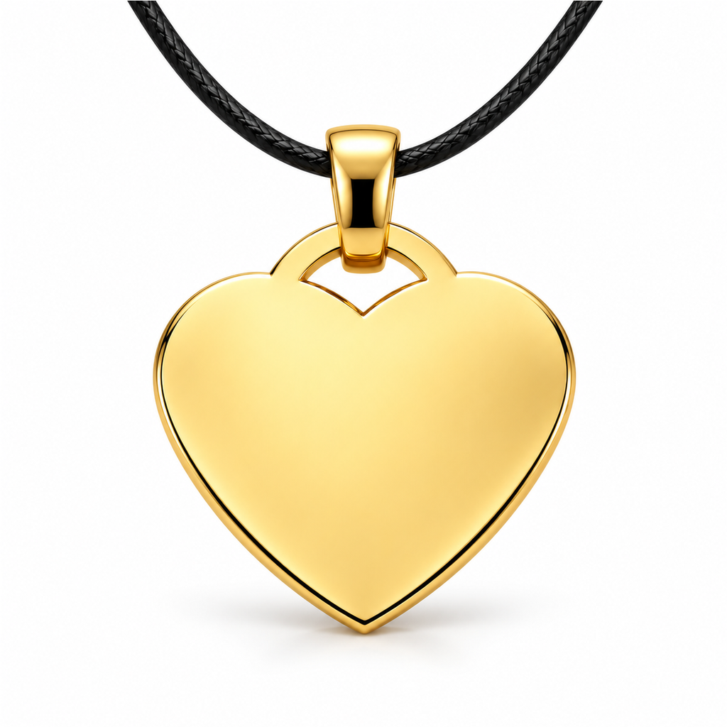 Gold + Leather Cord: standardized personalized gold heart pendant with black leather cord