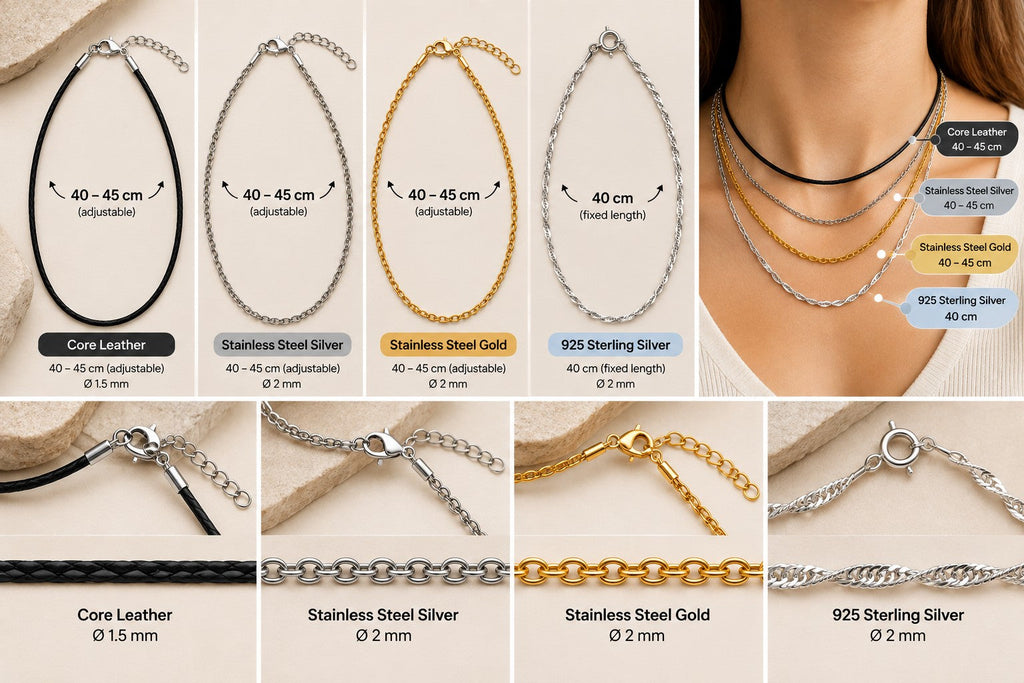 Hansima chain options: Core Leather, Stainless Steel Silver, Stainless Steel Gold and 925 Sterling Silver