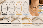 Hansima chain options: Core Leather, Stainless Steel Silver, Stainless Steel Gold and 925 Sterling Silver