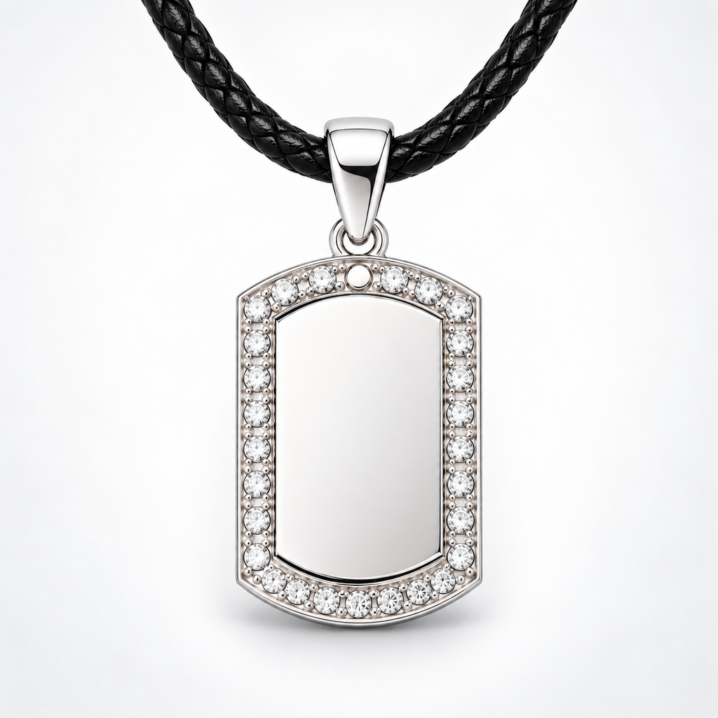 Silver crystal tag – Leather Cord