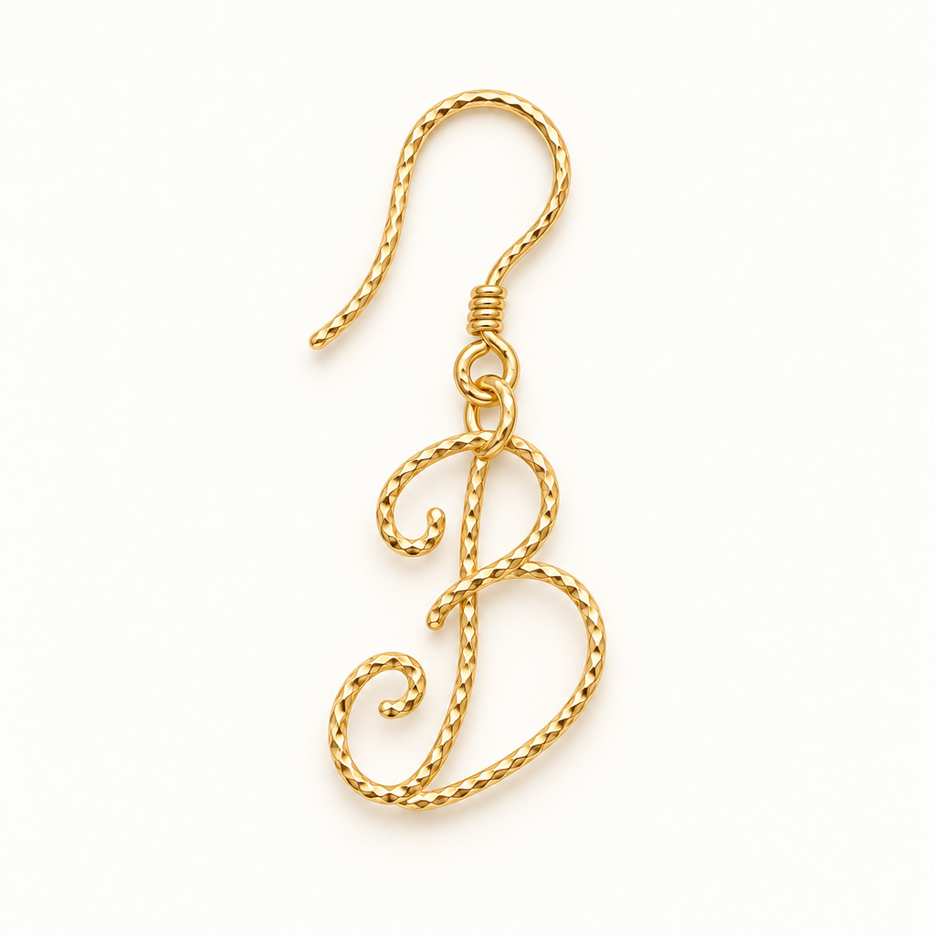 Personalized gold twisted wire initial B earring on white background