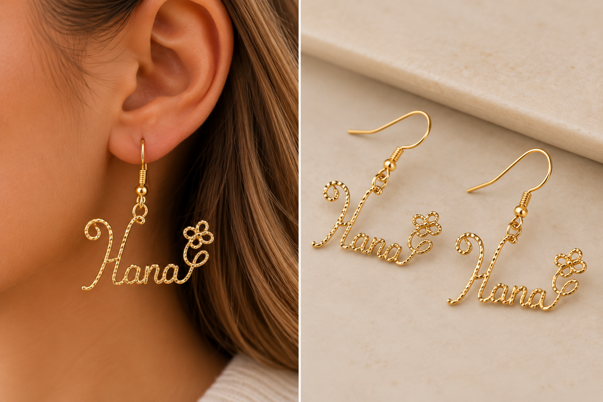 Personalized gold twisted wire full name earrings Hana on model and product view