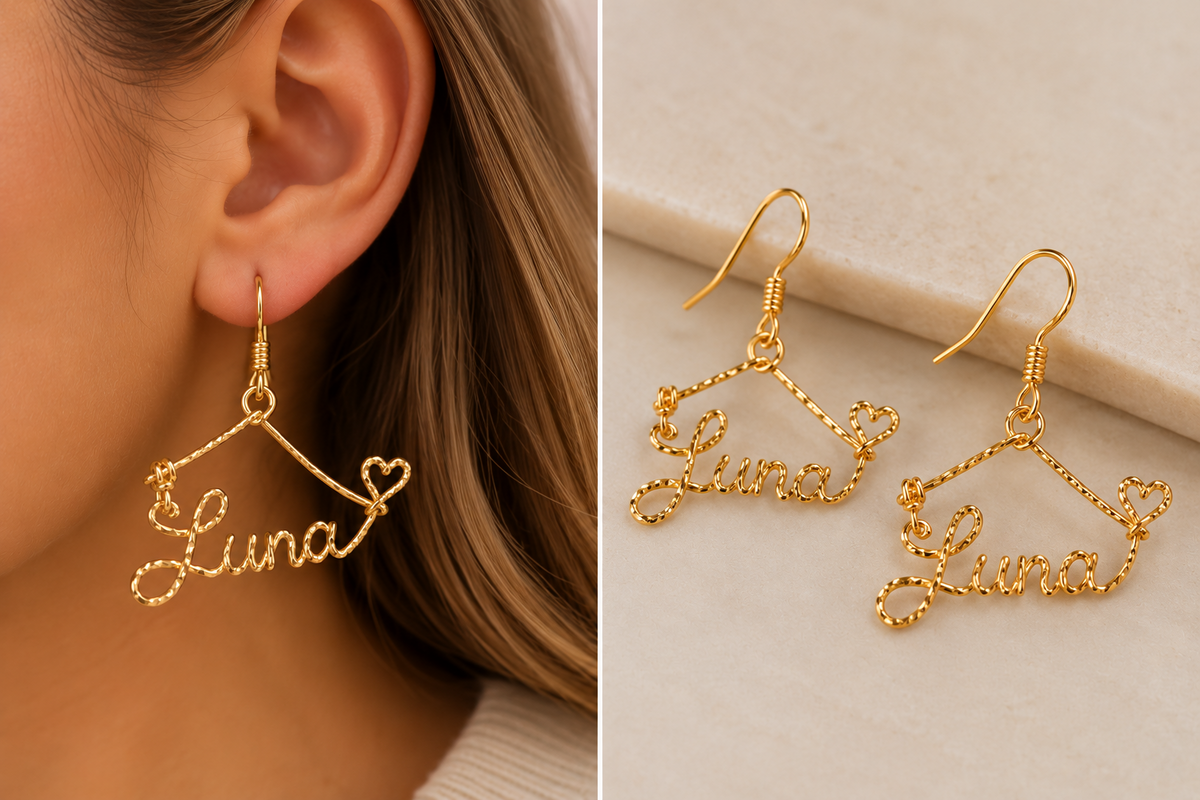 Personalized gold twisted wire full name earrings Luna on model and product view