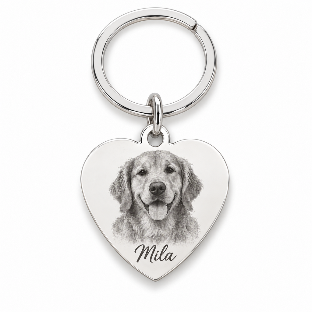Personalized silver heart keyring with pet photo and name engraving