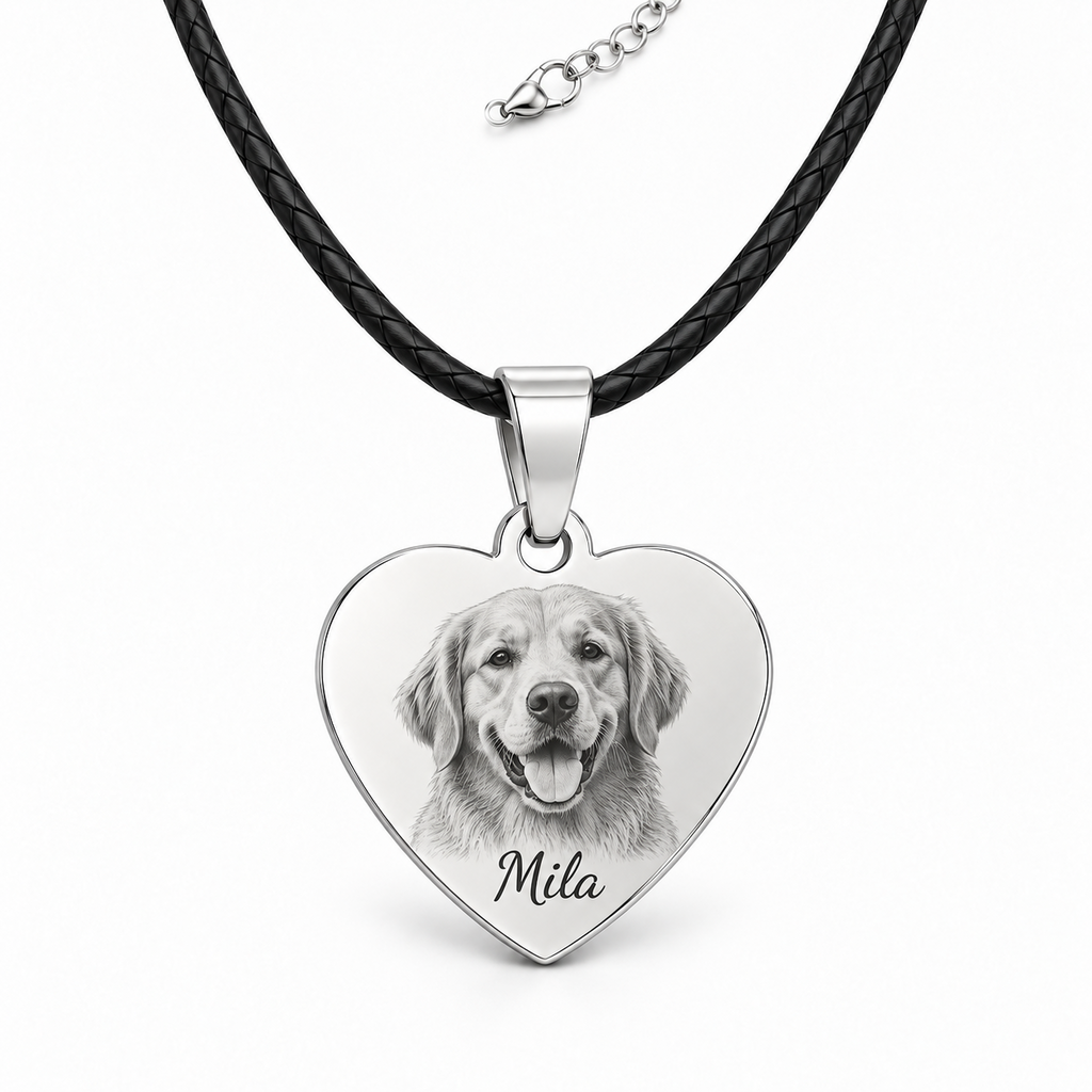 Personalized silver heart pendant with leather cord and pet photo engraving