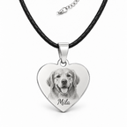 Personalized silver heart pendant with leather cord and pet photo engraving