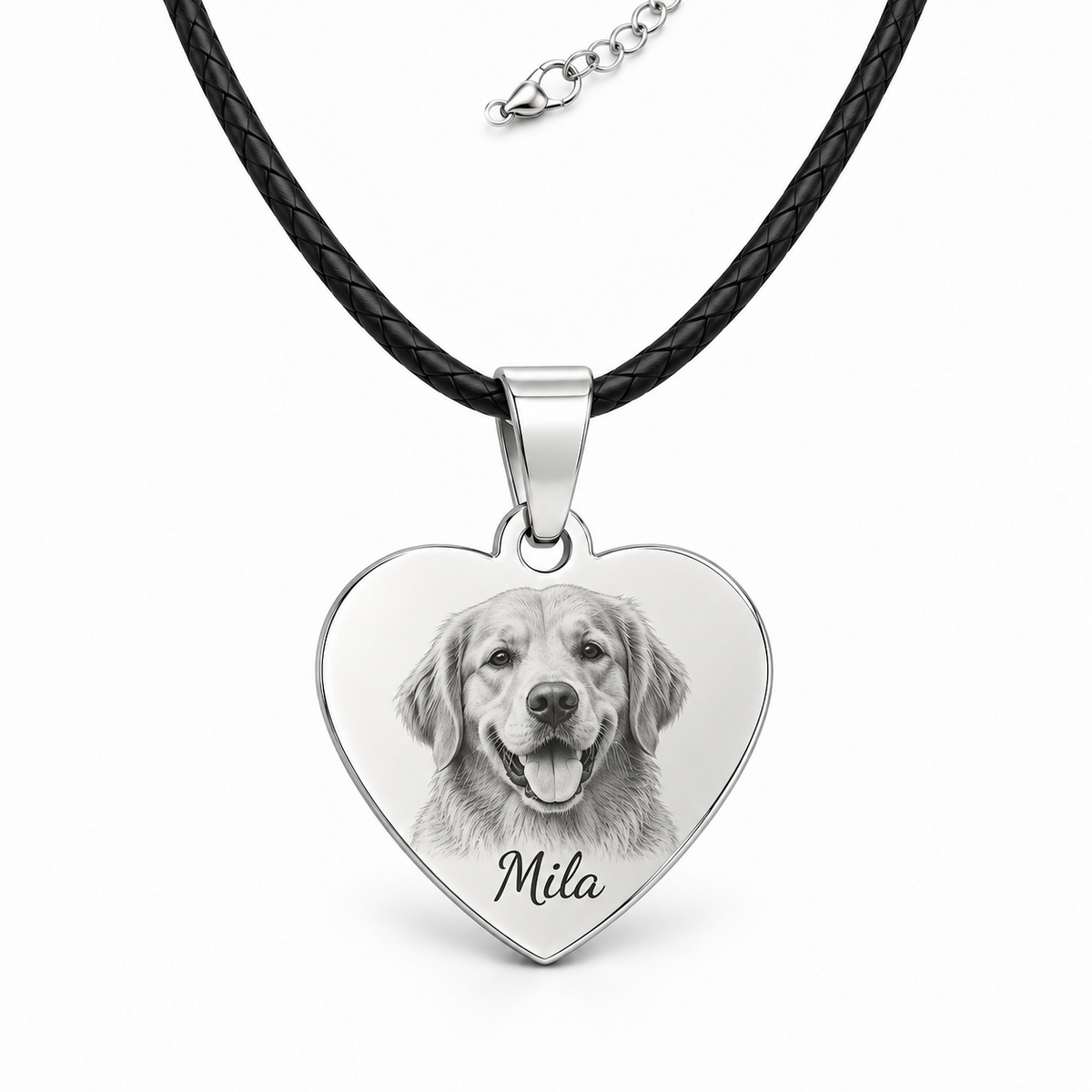 Personalized silver heart pendant with leather cord and pet photo engraving