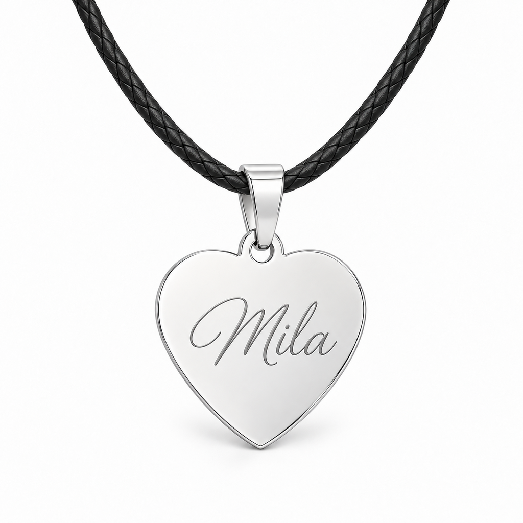 Personalized silver heart pendant with leather cord and text engraving