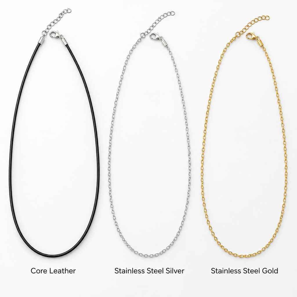 Hansima core leather, stainless steel silver and stainless steel gold necklace options