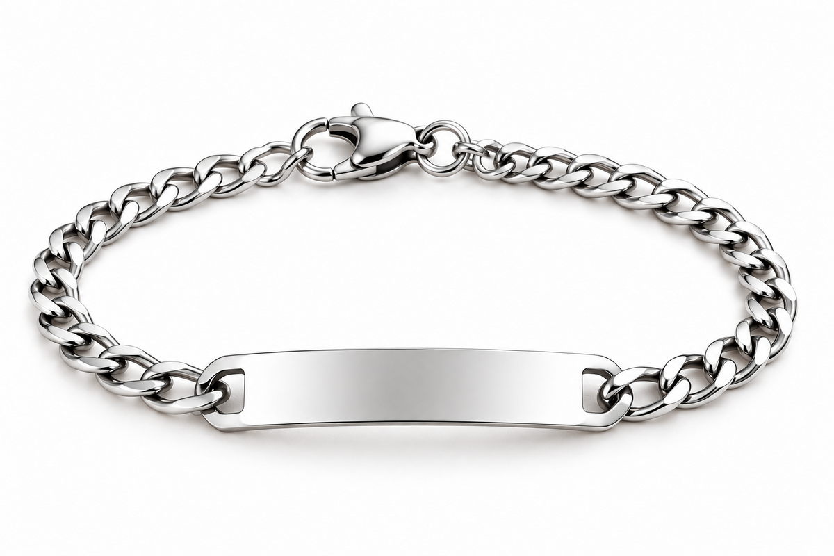 Personalized silver stainless steel ID bracelet for men and unisex text engraving