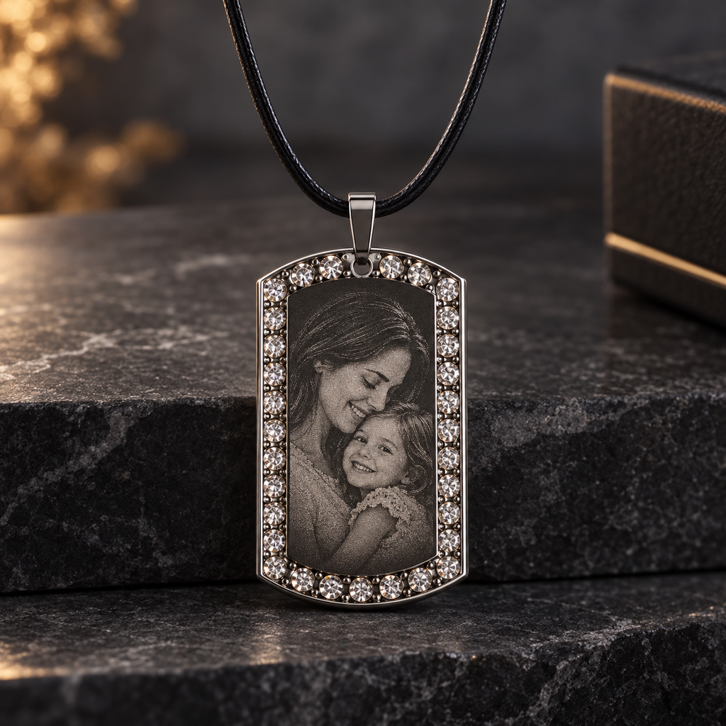 Personalized Large Crystal-Style Tag Photo & Text Engraving Pendant