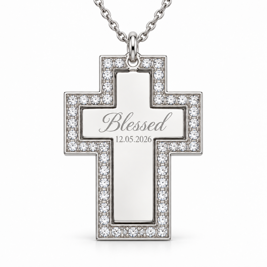 Personalisierter Crystal-Style Kreuzanhänger mit Foto- & Textgravur