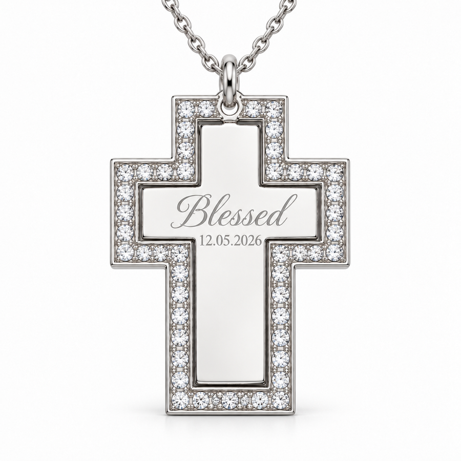 Personalized Crystal-Style Cross Photo & Text Engraving Pendant
